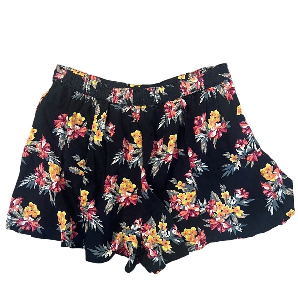 Hollister Floral Shorts Elastic Waist Comfy Casual Black Yellow Size S